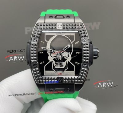 TWF Replica Hublot Spirit Of Big Bang Depeche Mode Skull Face Green Strap Black Case Watch 